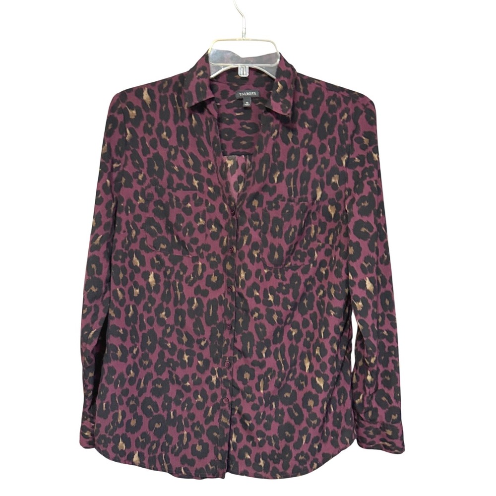 Talbots Leopard Animal Print Button Down M Burgundy Career Top office Siren